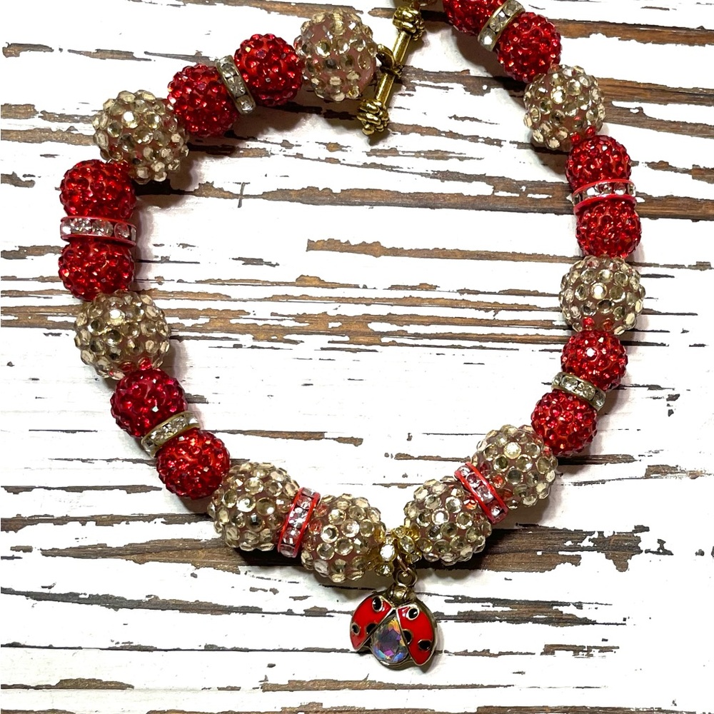Elegant Red and Gold Beaded Pet Necklace with Ladybug charm